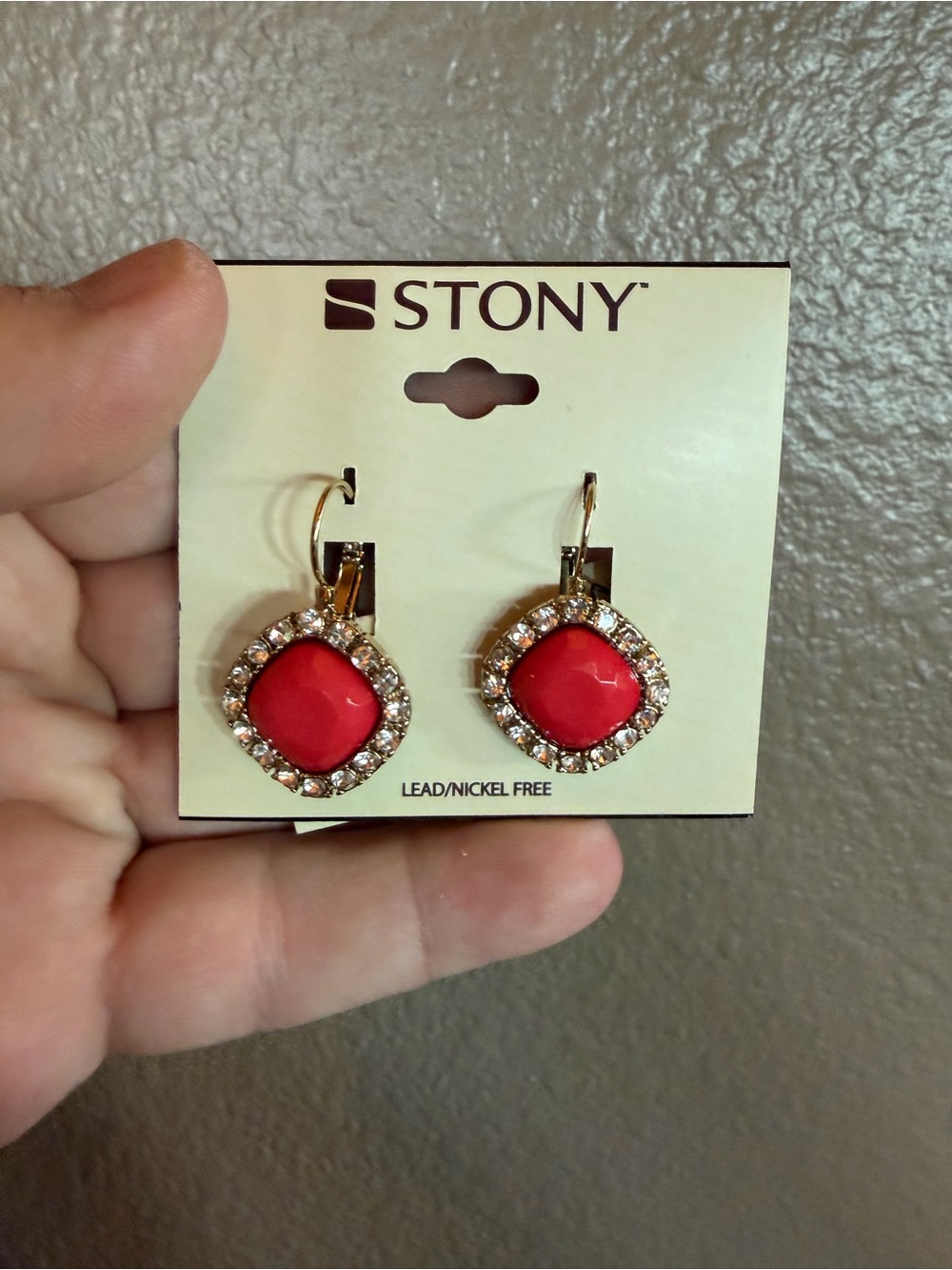 Stony Gold-Tone Red Crystal Halo Drop Earrings